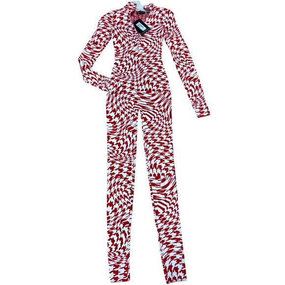 Pretty Little Thing PLT Red Ski Knitted Houndstooth Jumpsuit XS NWT - Picture 5 of 9